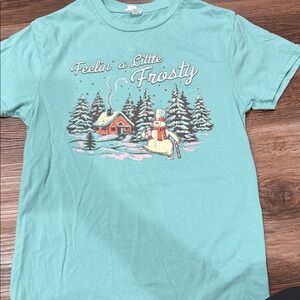 Teal Holiday T-Shirt with Snowman Design